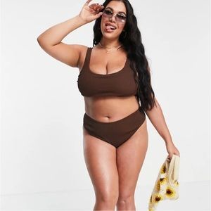 ASOS collusion bikini set brown ribbed 80’s high rise swimsuit